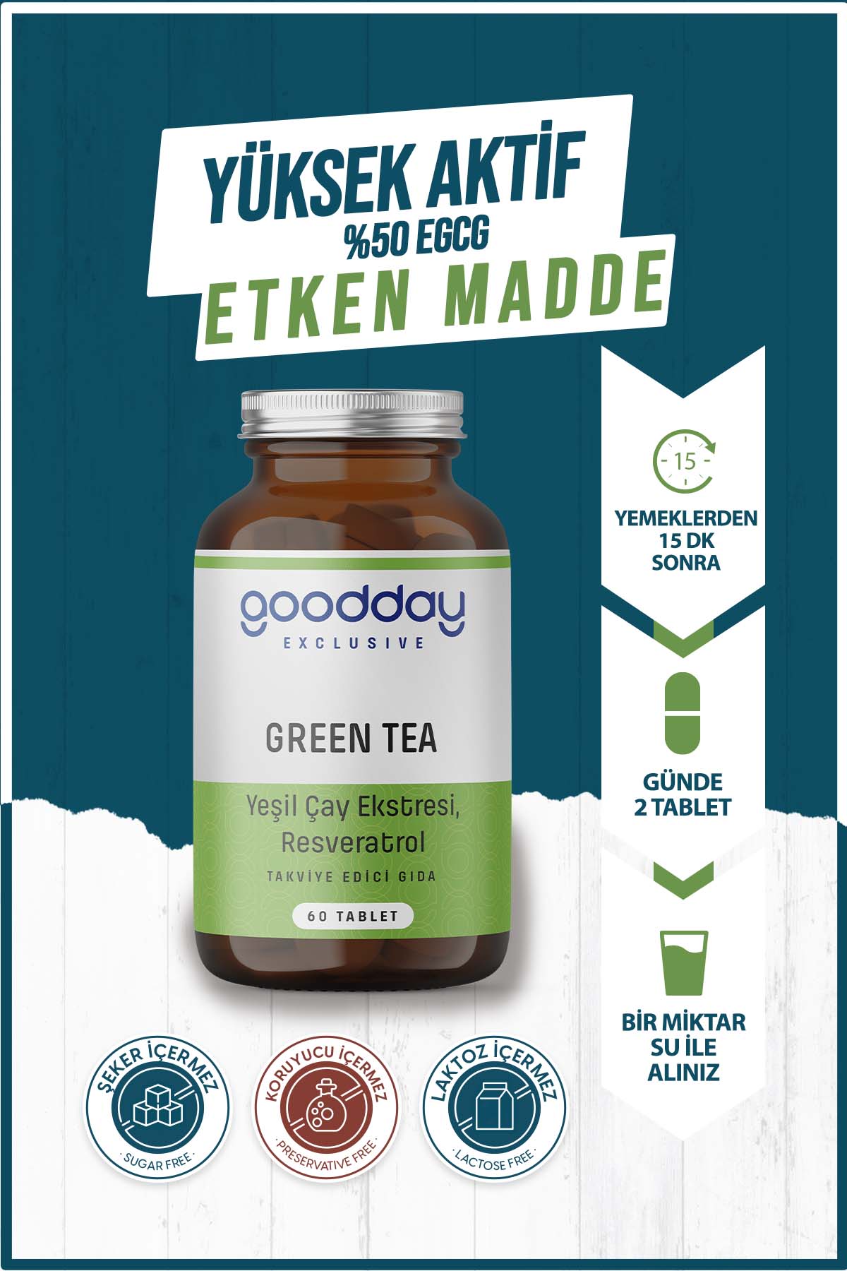 GOODDAY GREEN TEA + RESVERATROL 60 TABLET TAKVİYE EDİCİ GIDA